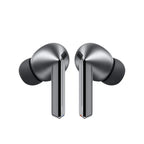 Pair of silver wireless earbuds on a white background