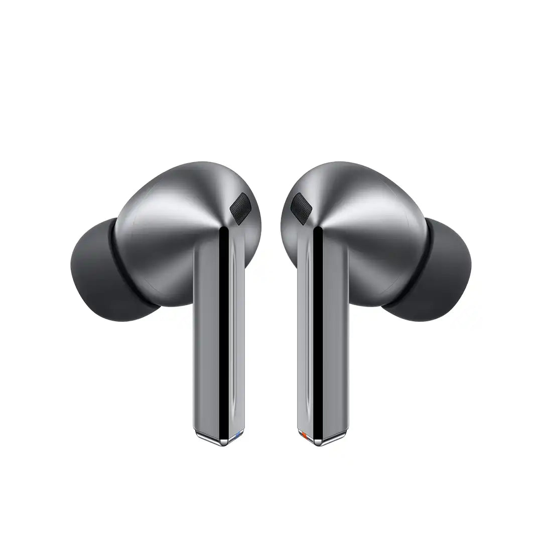 Pair of silver wireless earbuds on a white background