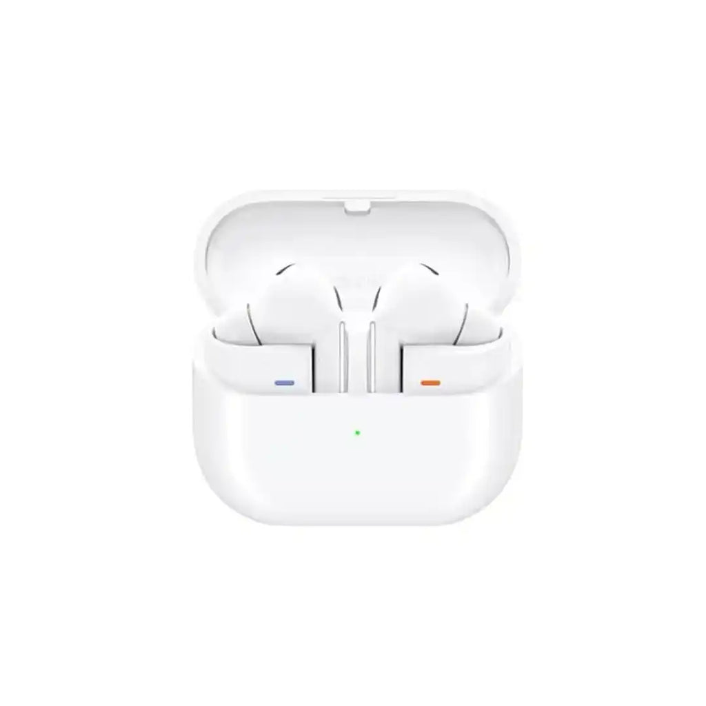 White wireless earbuds in a charging case on a white background