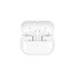 White wireless earbuds in a charging case on a white background