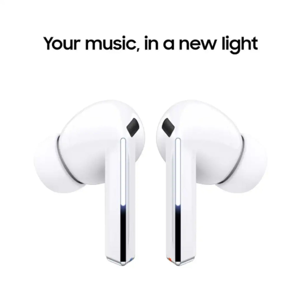 White wireless earbuds on a white background with text 'Your music, in a new light'.