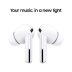 White wireless earbuds on a white background with text 'Your music, in a new light'.