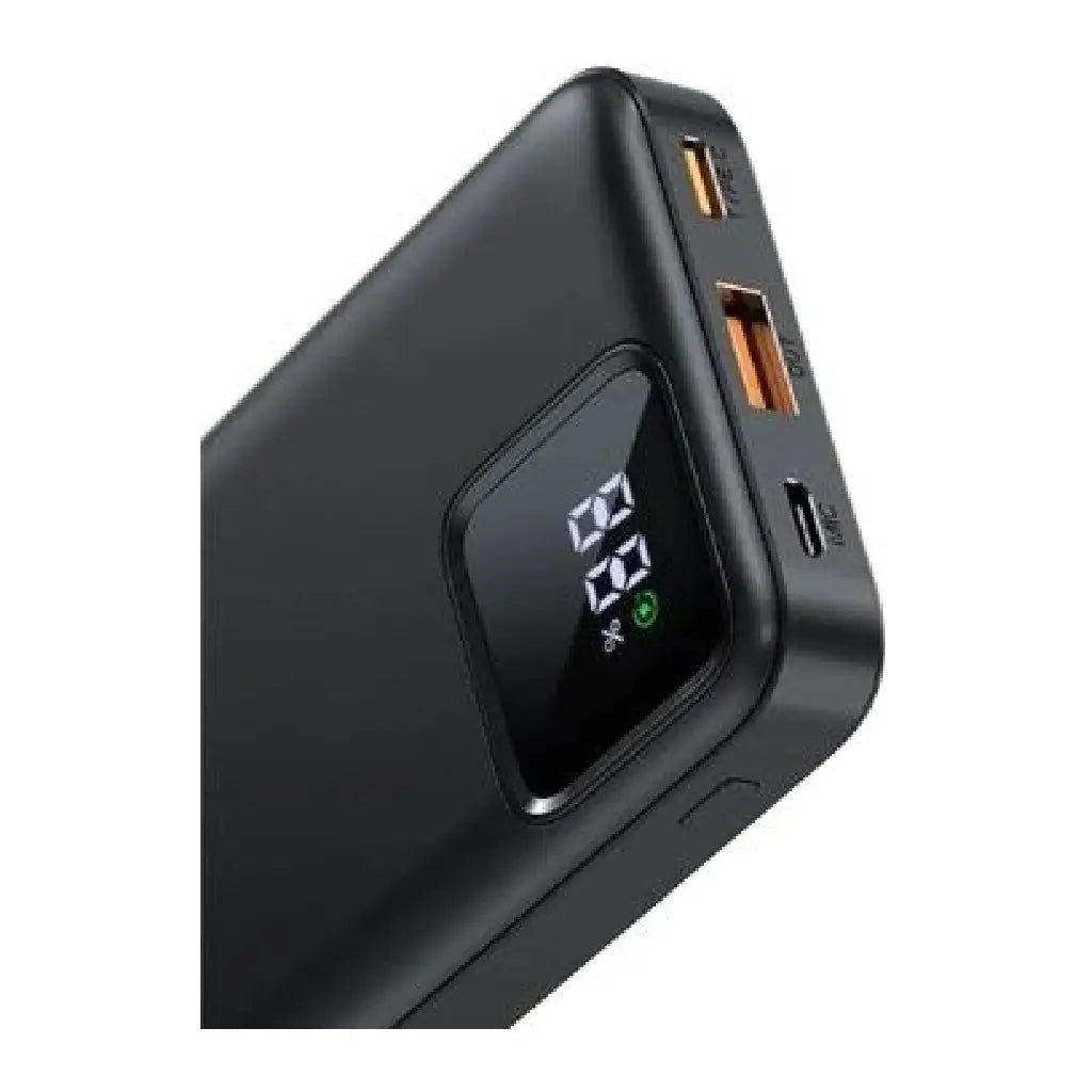 WIWU JC-18 10000mAh power bank close-up showing LED digital battery percentage display and dual USB fast charging ports