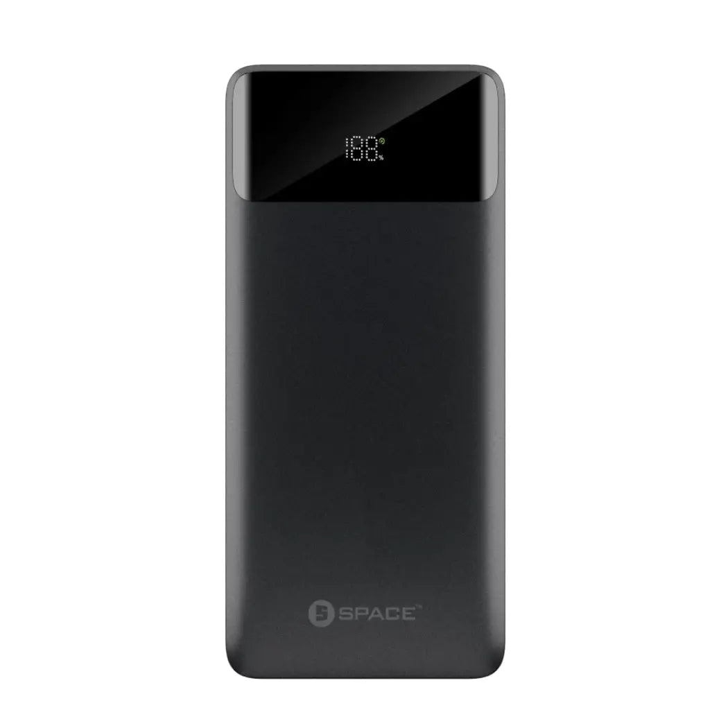 Black power bank with digital display on a white background