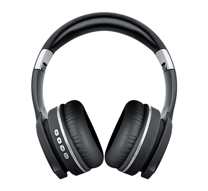 Black over-ear headphones with silver accents on a white background