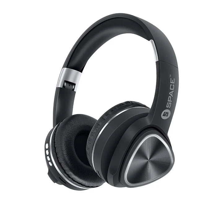 Black over-ear headphones with silver accents on a white background