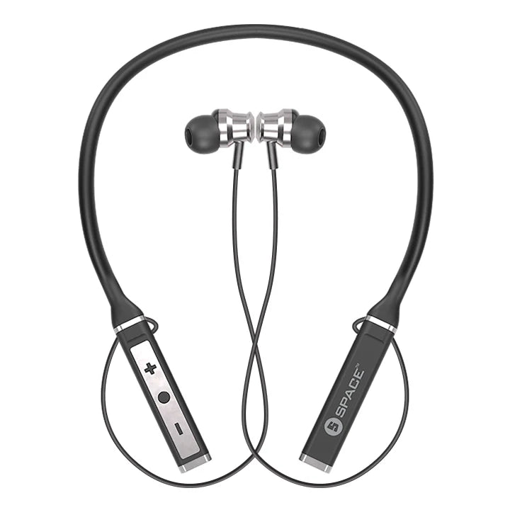 Bluetooth neckband headphones with control unit on a white background