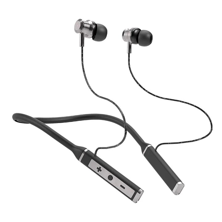 Black wireless earbuds with neckband on a white background