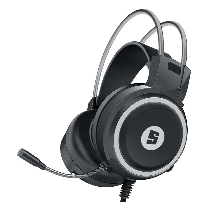 Black gaming headset with a logo on a white background
