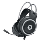 Black gaming headset with a logo on a white background