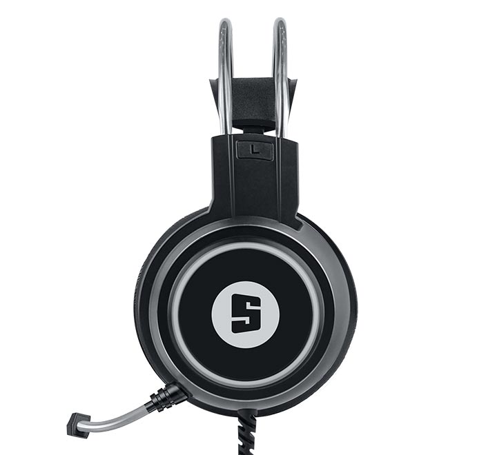 Black gaming headset with a brand logo on a white background