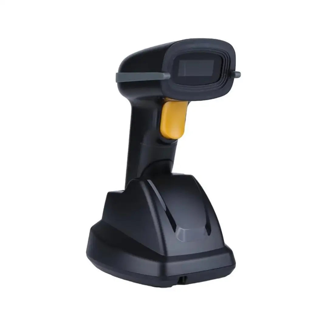 Black and yellow barcode scanner on a white background