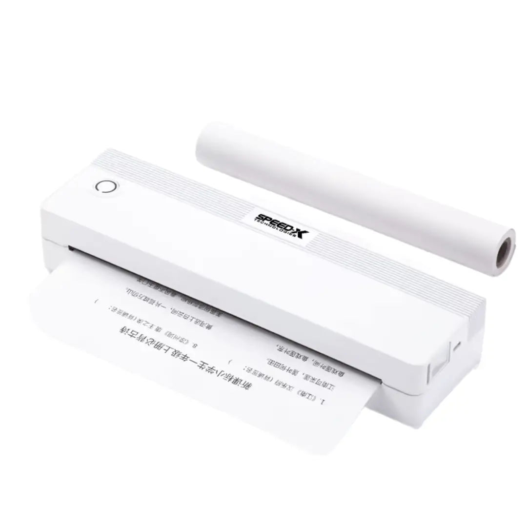 White thermal printer with roll of paper on a white background