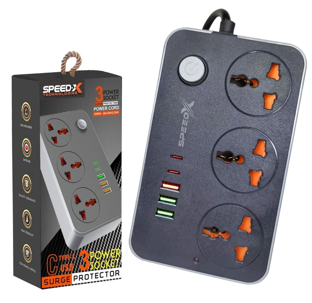 SpeedX power strip with packaging on a white background