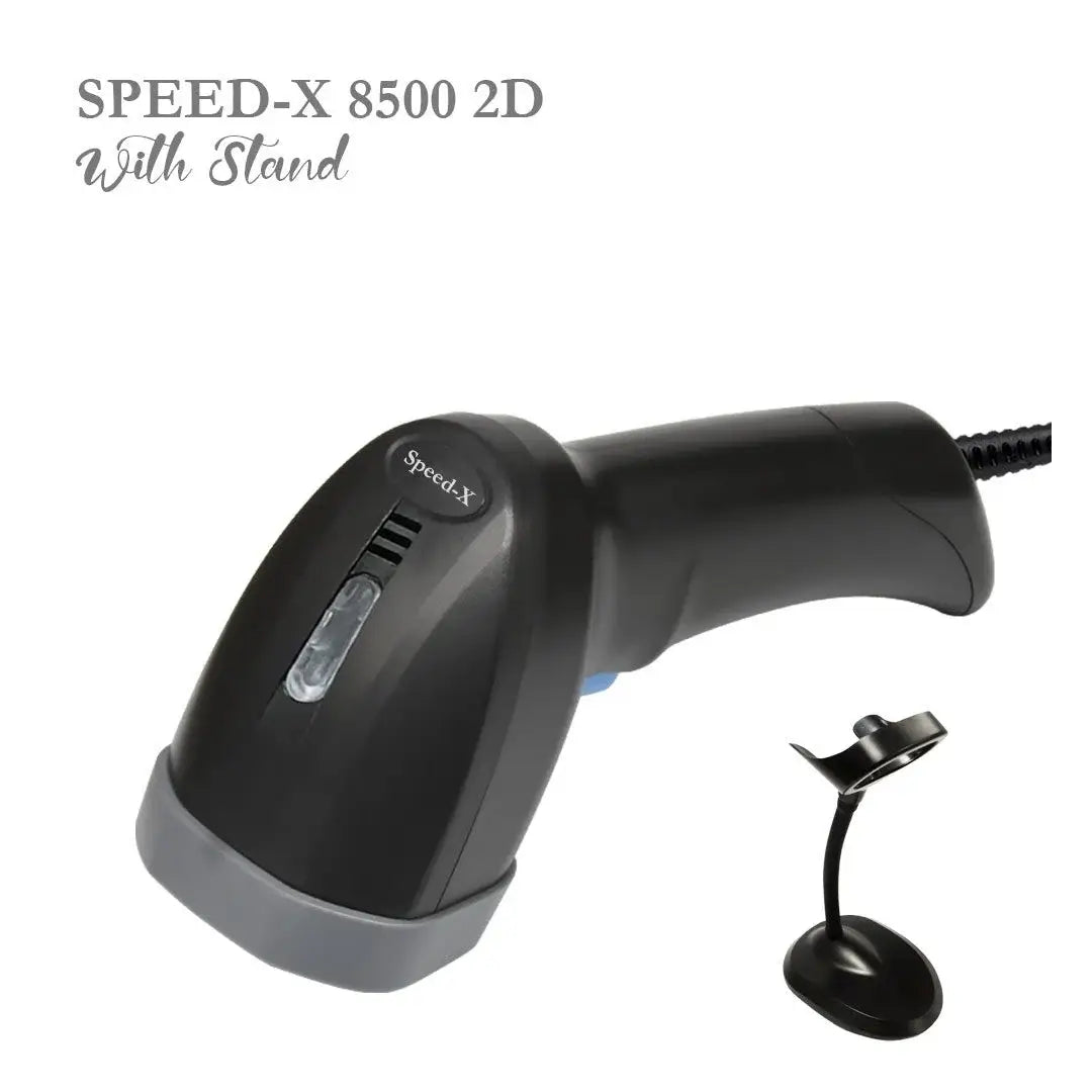 Speed-X 8500 2D barcode scanner with stand on a white background