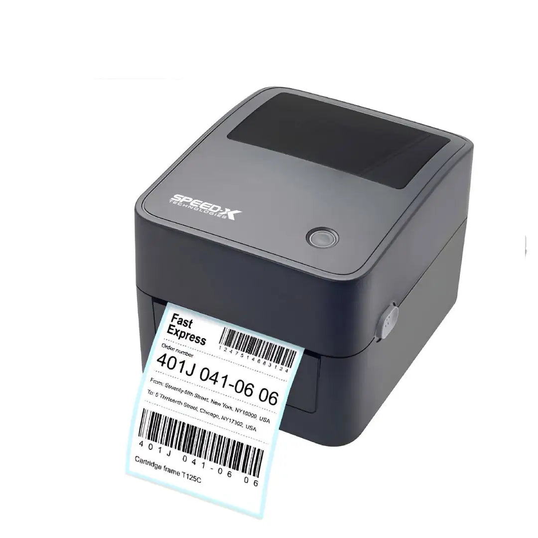 Label printer with a printed label on a white background