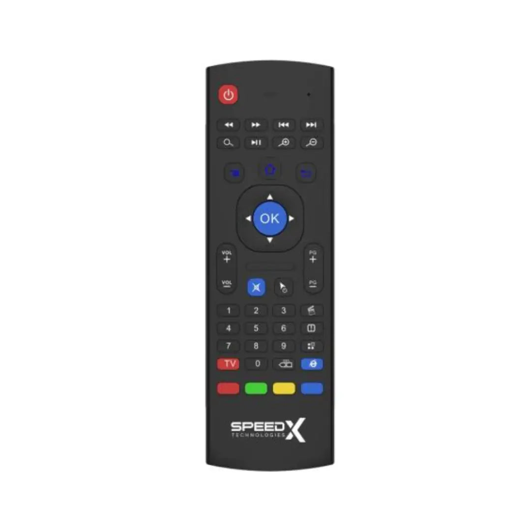 Black remote control with multiple buttons on a white background, featuring the SpeedX logo.