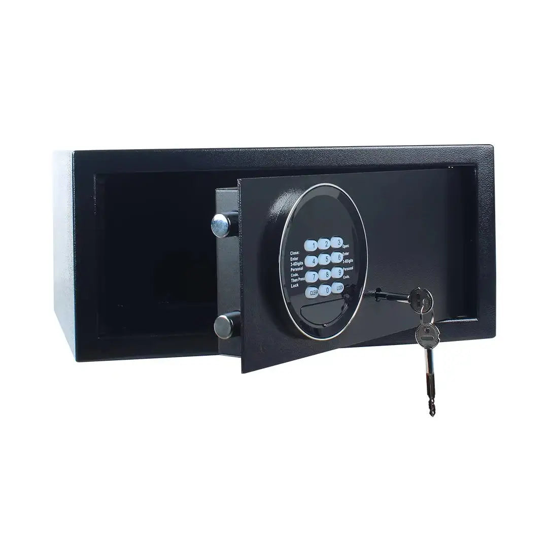 Black safe box with electronic keypad and key on a white background