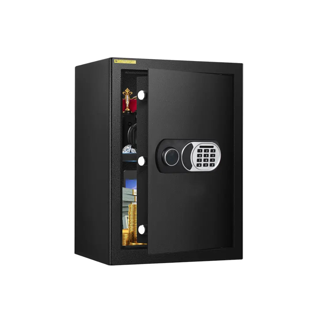 Black safe box with digital keypad on a white background