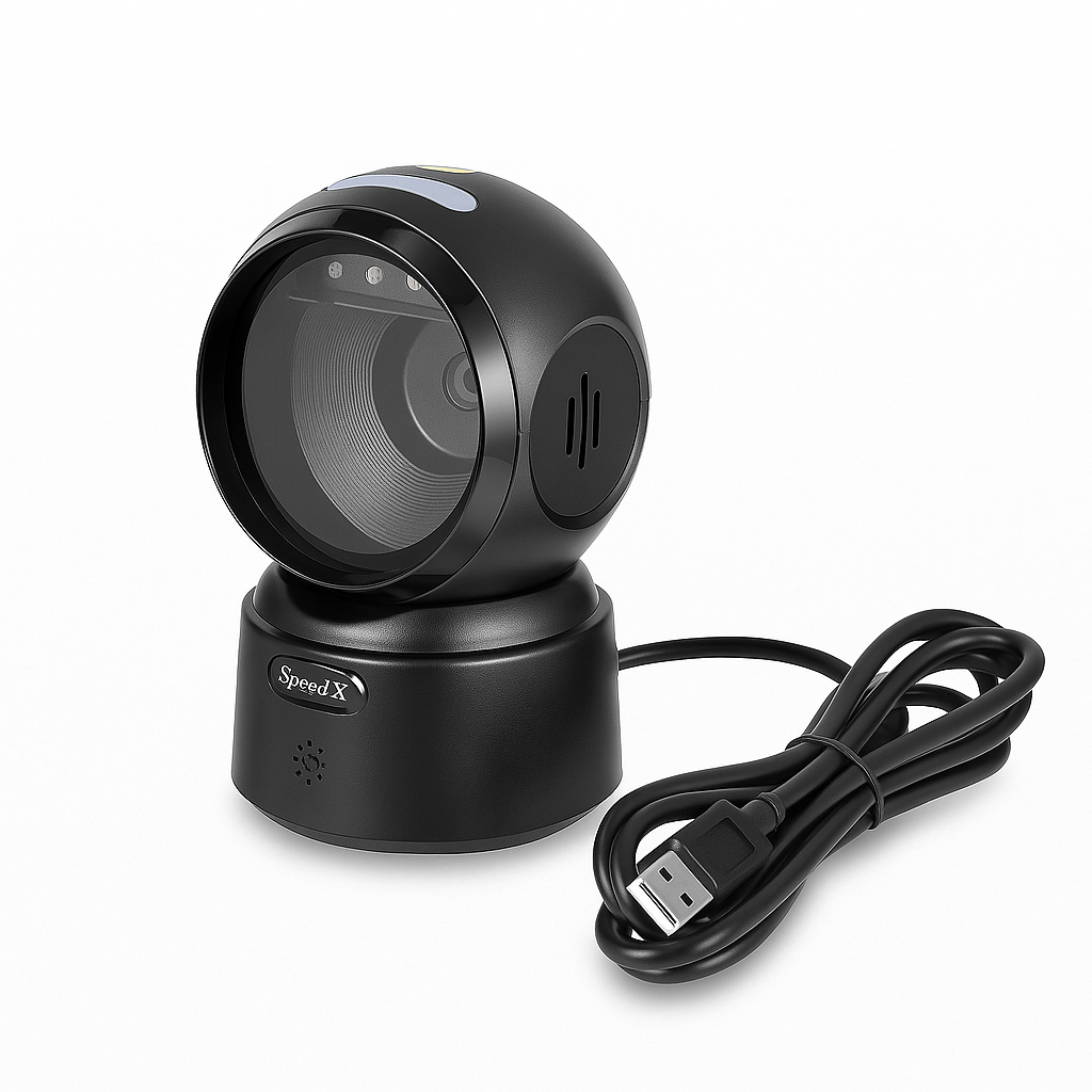 Black webcam with USB cable on a white background