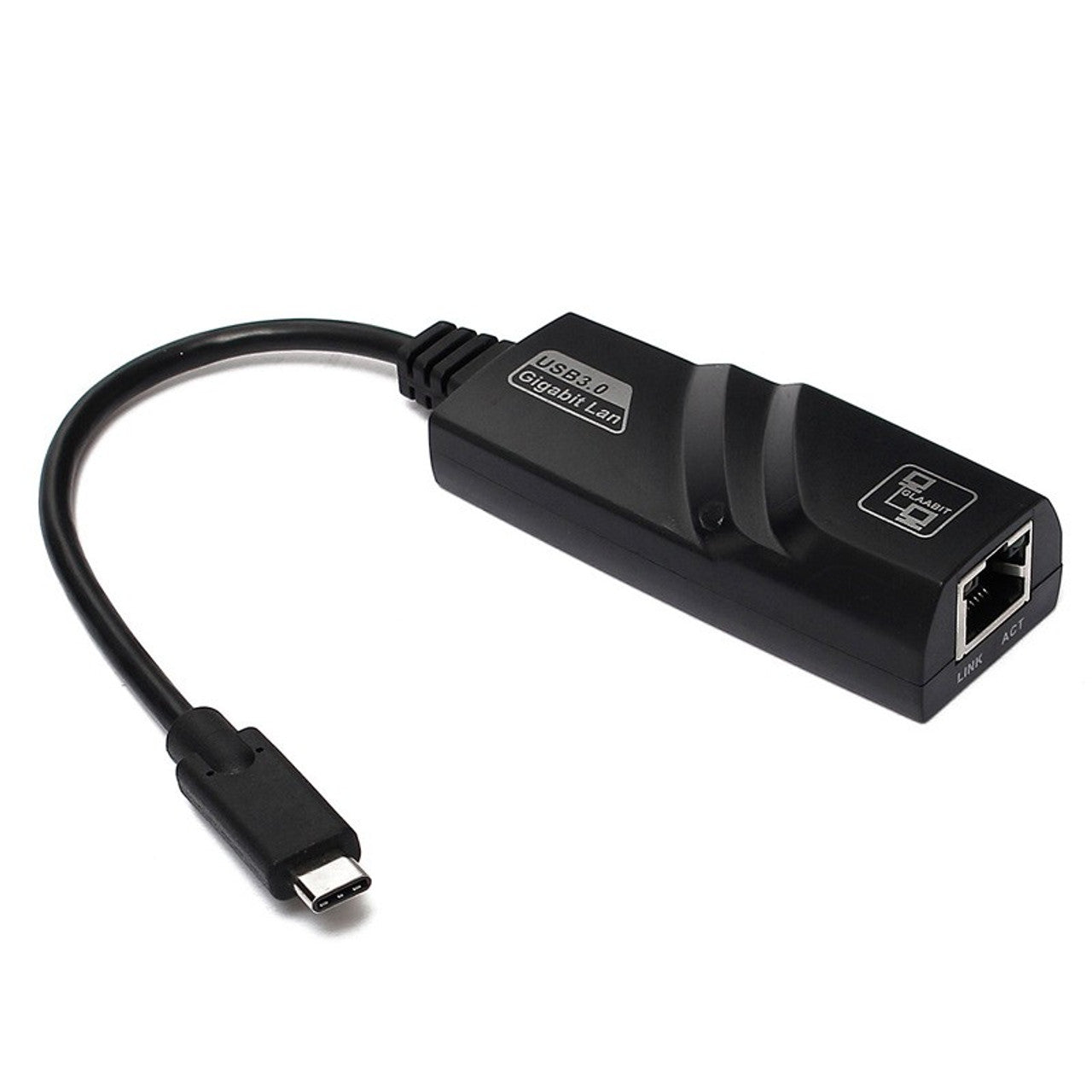Black USB-C to Ethernet adapter on a white background