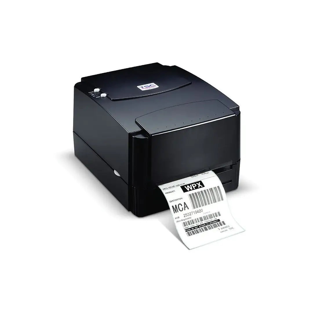 Black label printer with a printed label on a white background