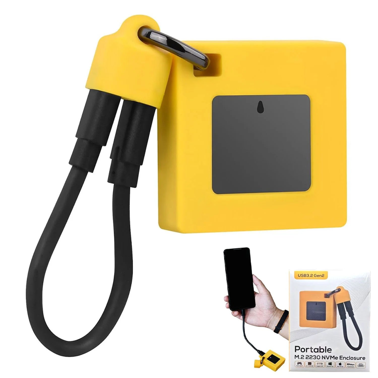 Yellow portable NVMe enclosure with black cable and carabiner, shown with packaging.