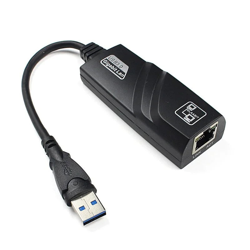 USB to Ethernet adapter with USB 3.0 connector on a white background