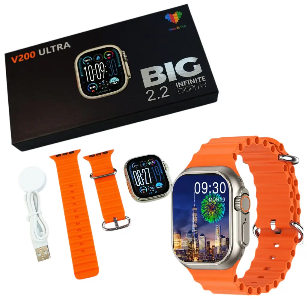 Smartwatch with orange band, packaging, and accessories on a white background