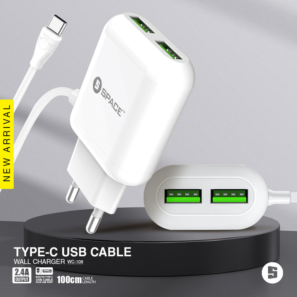 SPACE WC-108 TYPE C Built-in USB CABLE + DUAL PORT WALL CHARGER