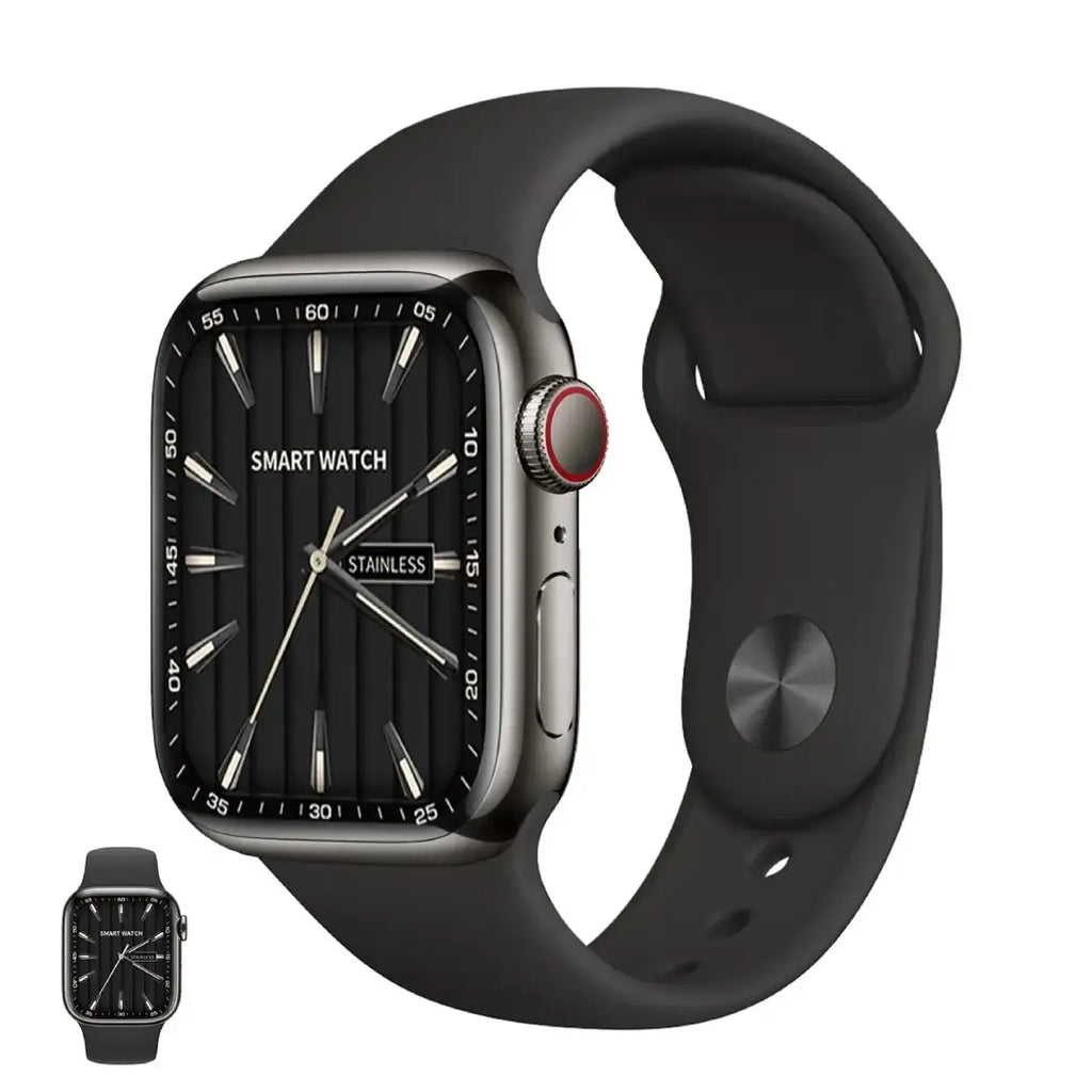 Black smartwatch with a black band on a white background