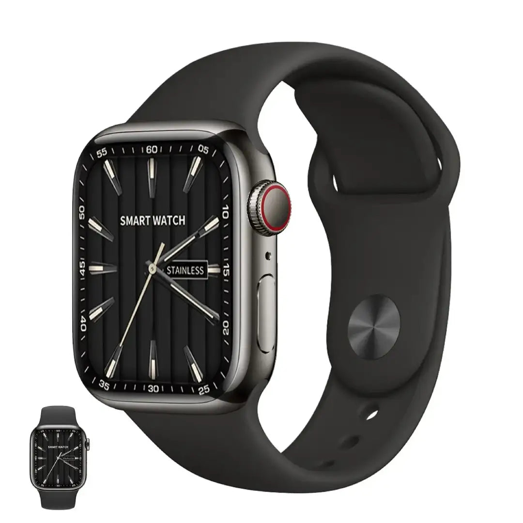 Black smartwatch with a black band on a white background