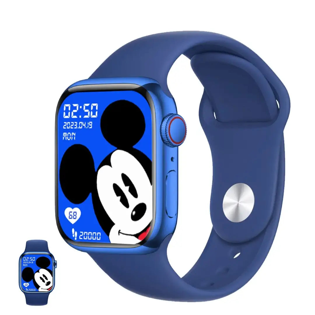 Blue smartwatch with a cartoon character display on a white background