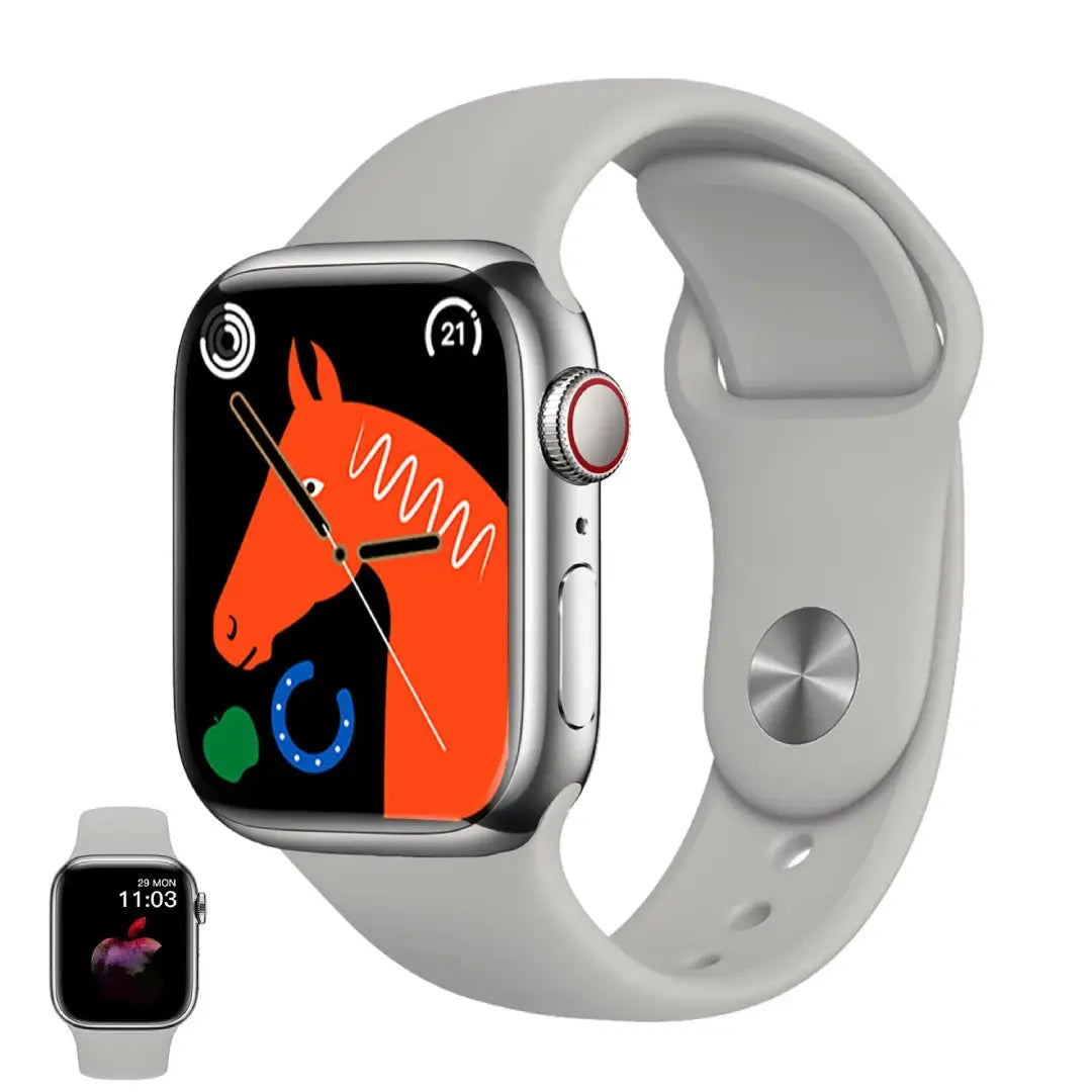 Smartwatch with a gray band displaying a horse illustration on the screen, on a white background.