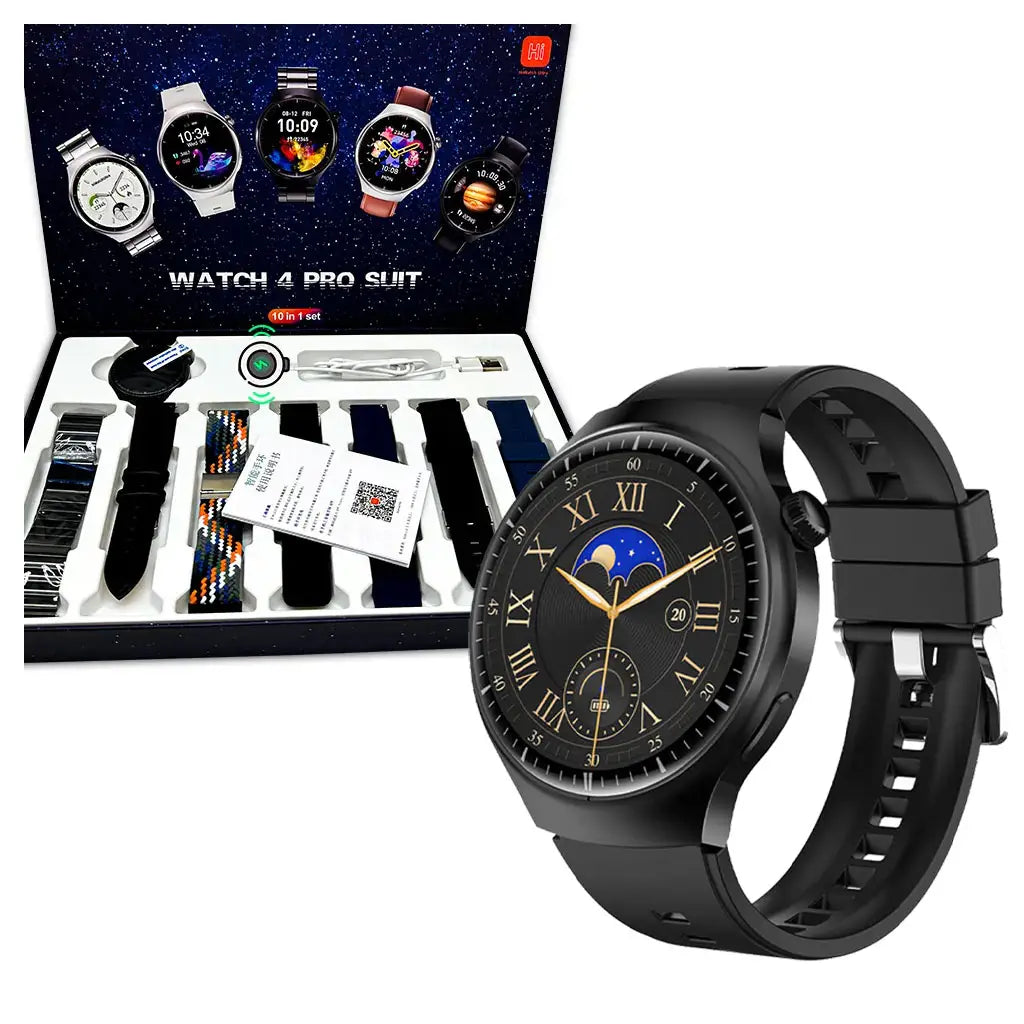 Smartwatch with detailed face and black band displayed in front of an open box showing 'Watch 4 Pro Suit' branding.