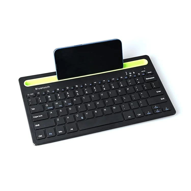 Black Bluetooth keyboard with a smartphone stand on a white background