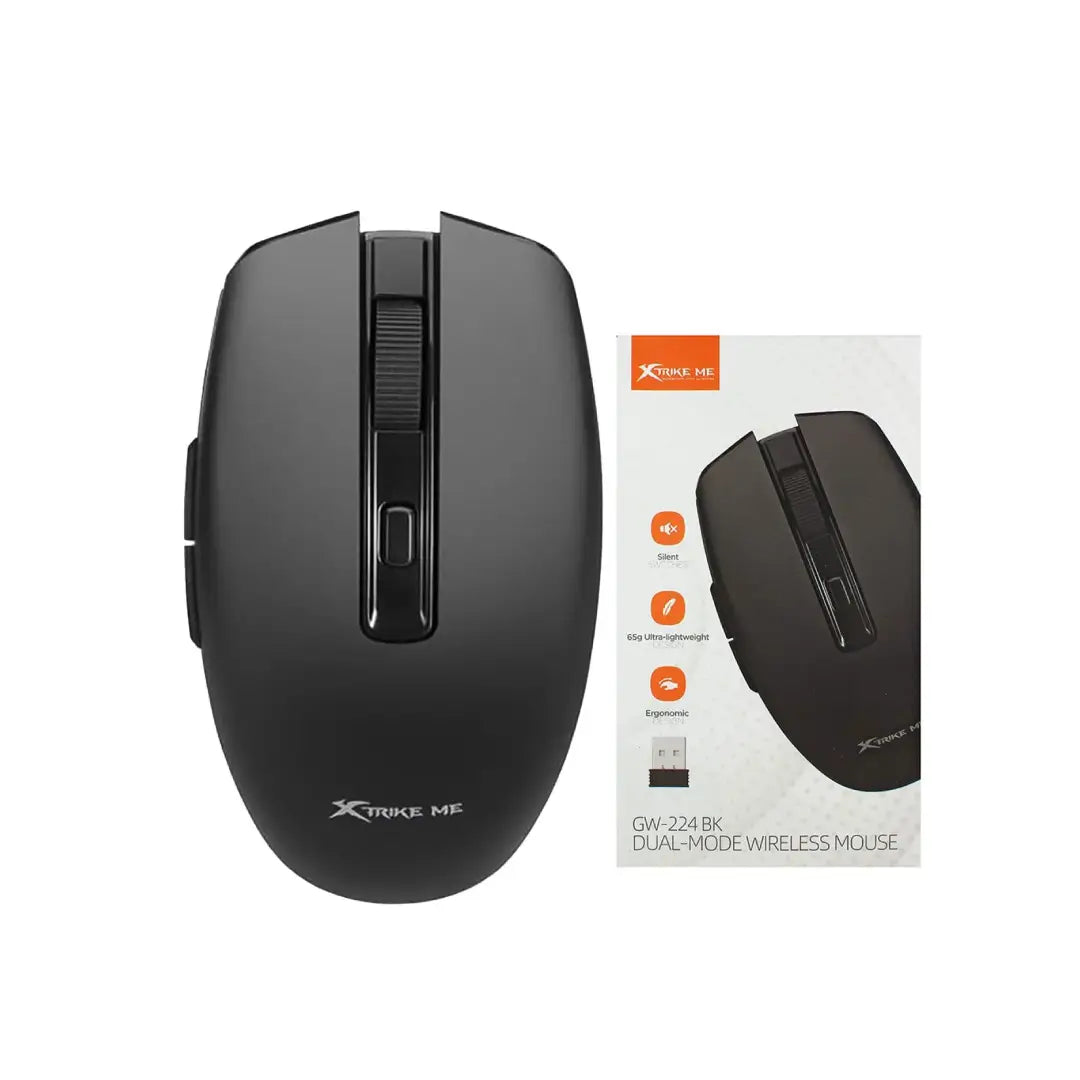 Black wireless mouse with packaging on a white background