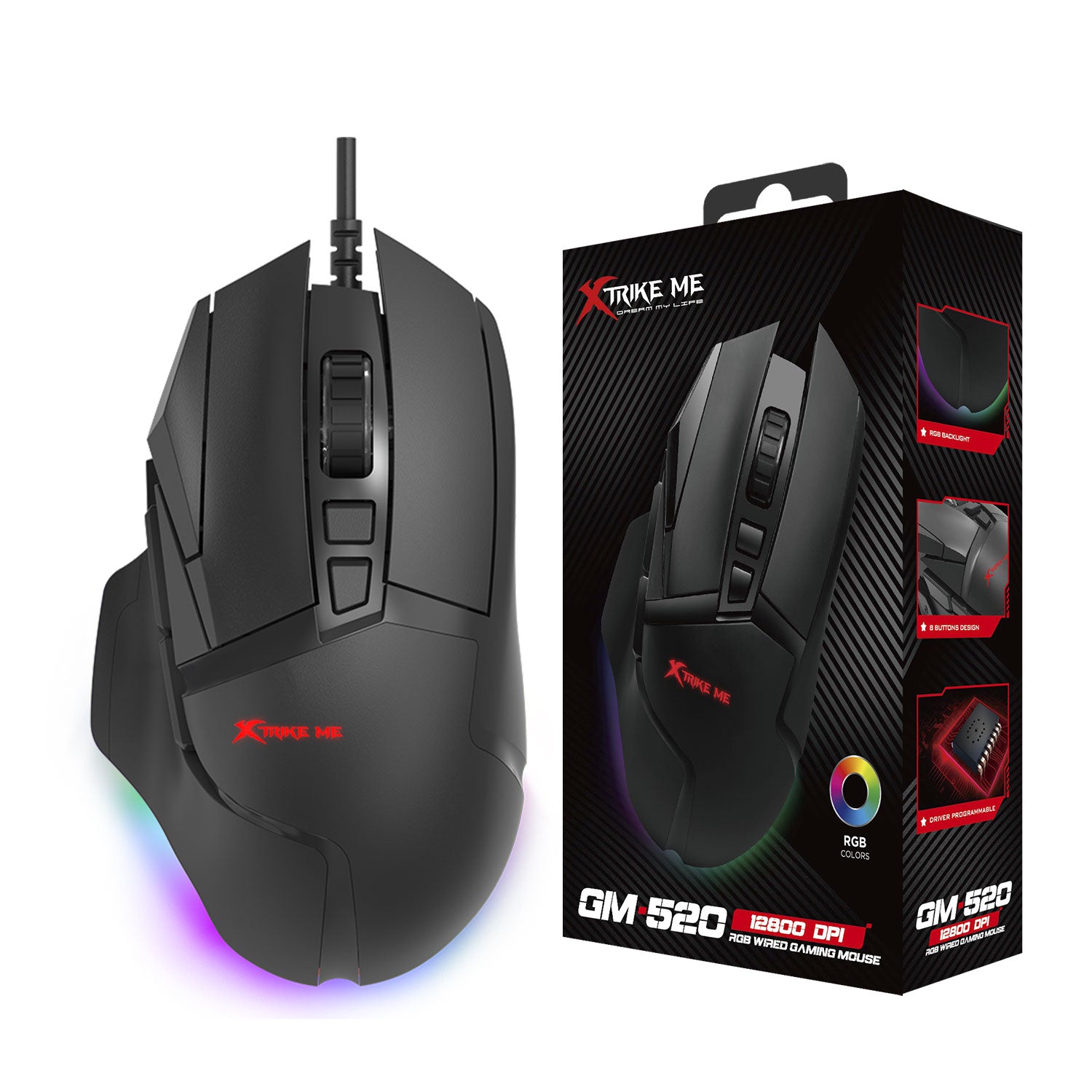 Gaming mouse with RGB lighting and Xtrike Me branding next to its packaging.