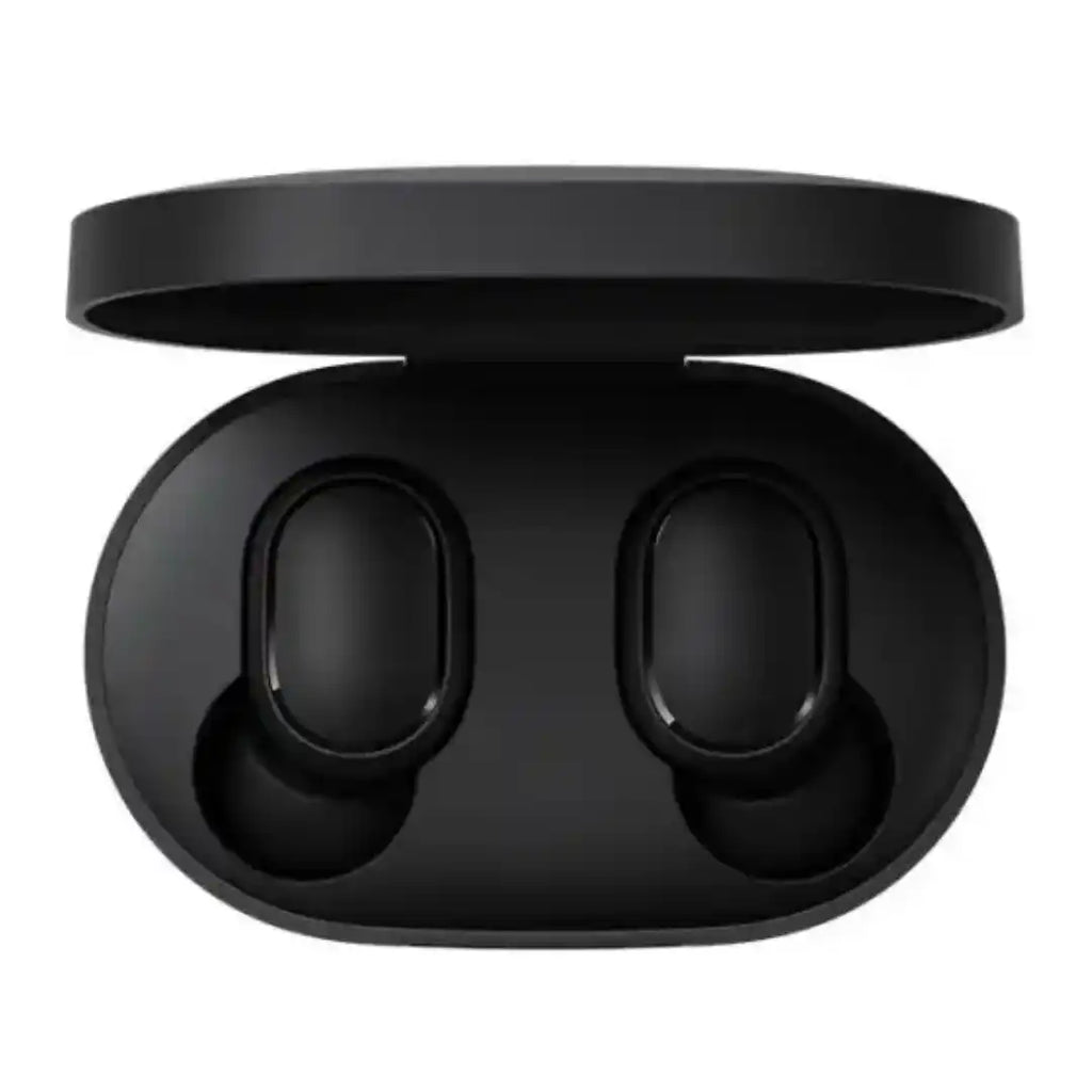 Black wireless earbuds in a charging case on a white background
