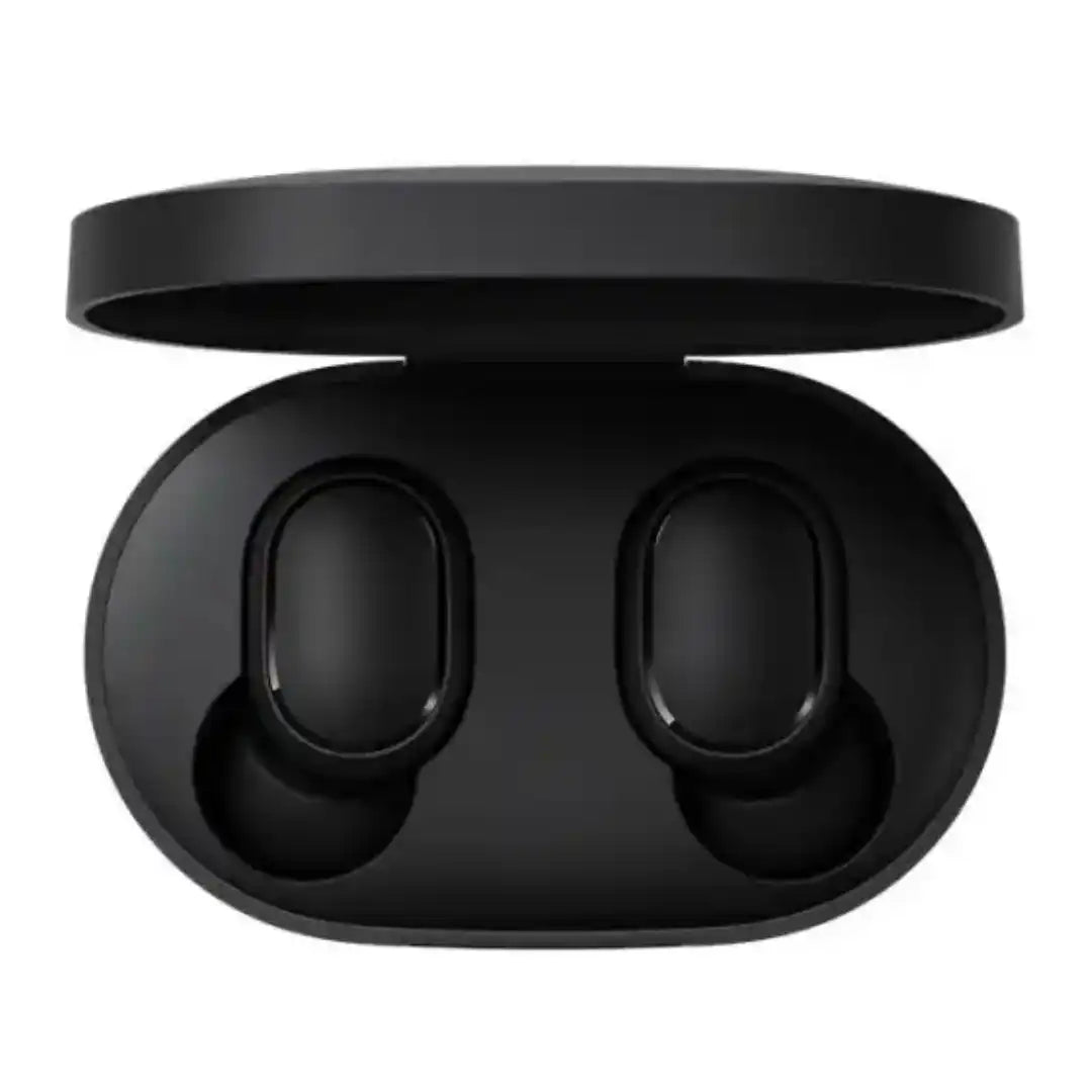 Black wireless earbuds in a charging case on a white background