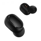 Black wireless earbuds with charging case on a white background