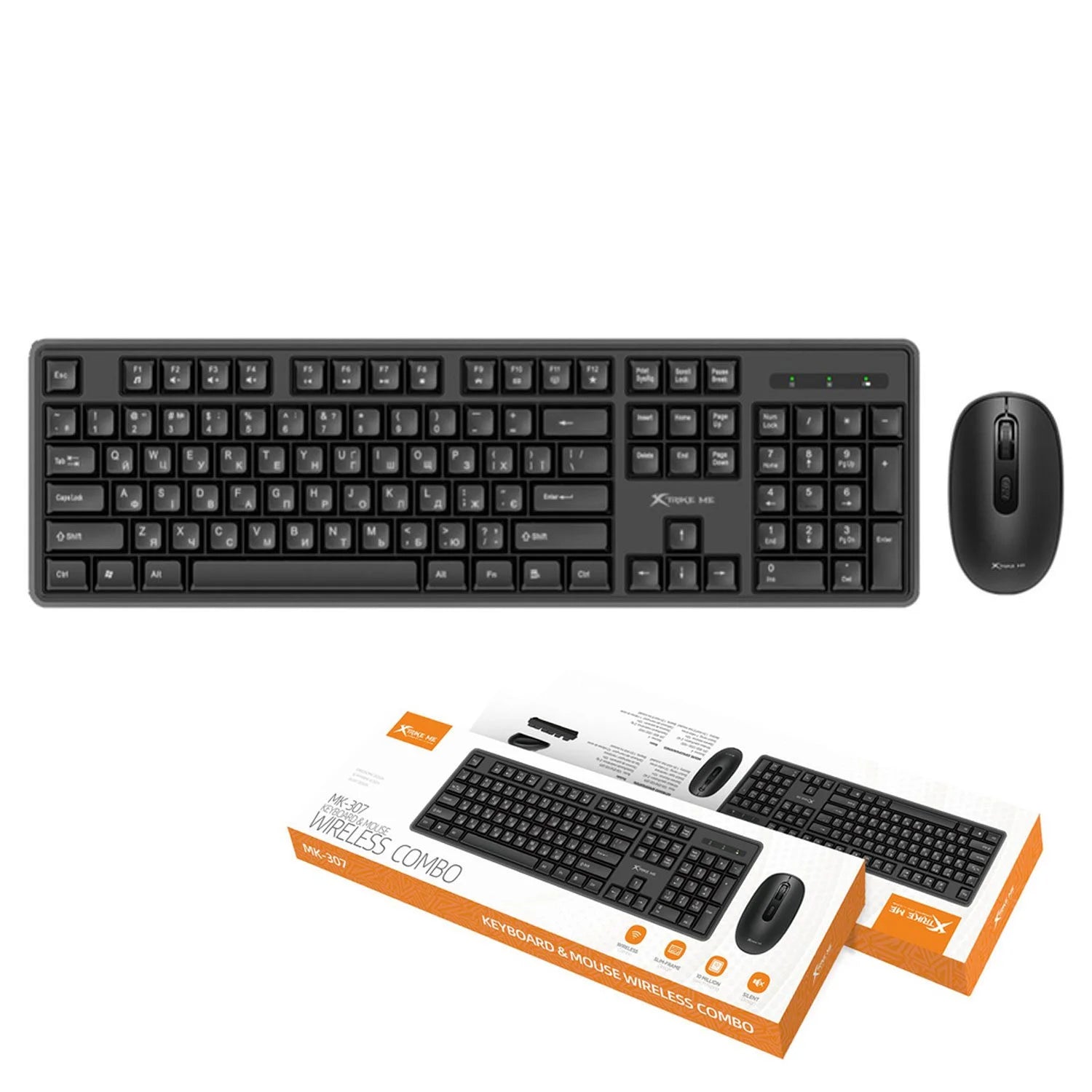 Black keyboard and mouse set with packaging on a white background
