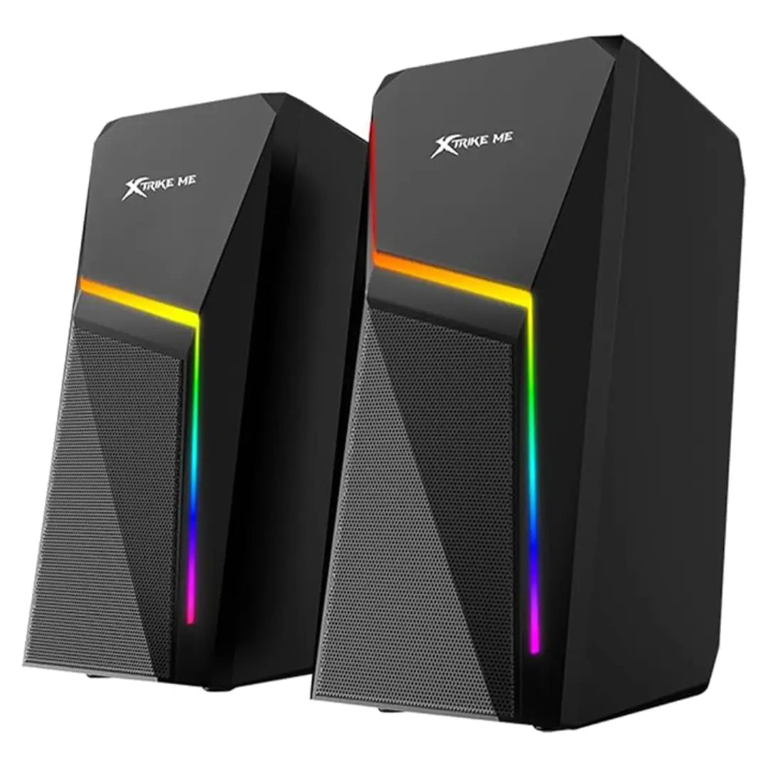 Black computer speakers with RGB lighting on a white background
