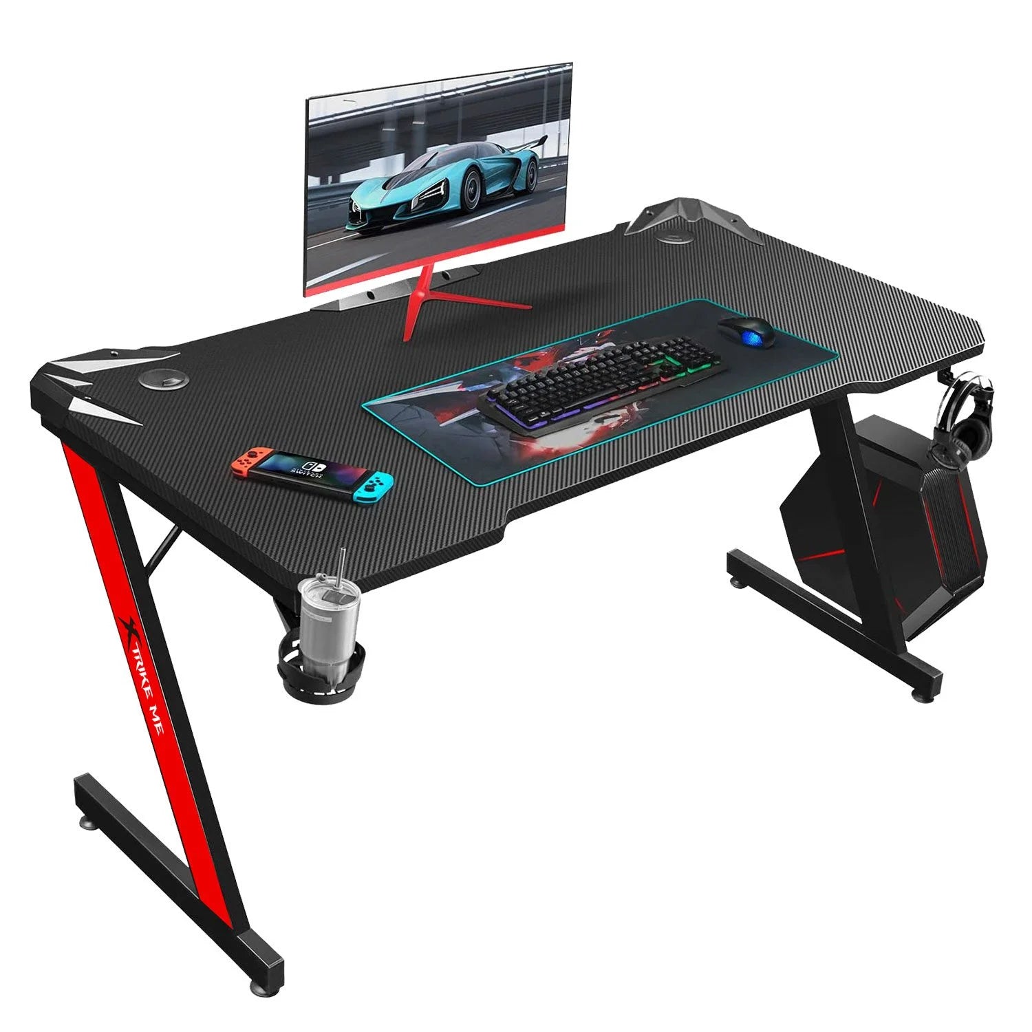Gaming desk with computer setup on a white background