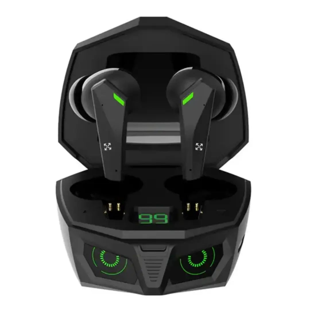 Black wireless earbuds with charging case on a white background
