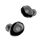 Black wireless earbuds with a logo on a white background