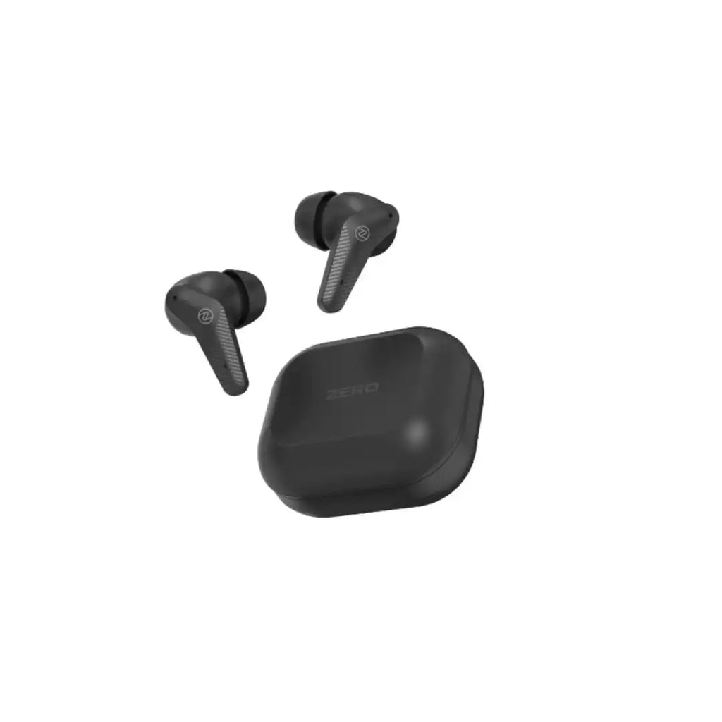 Black wireless earbuds with charging case on a white background