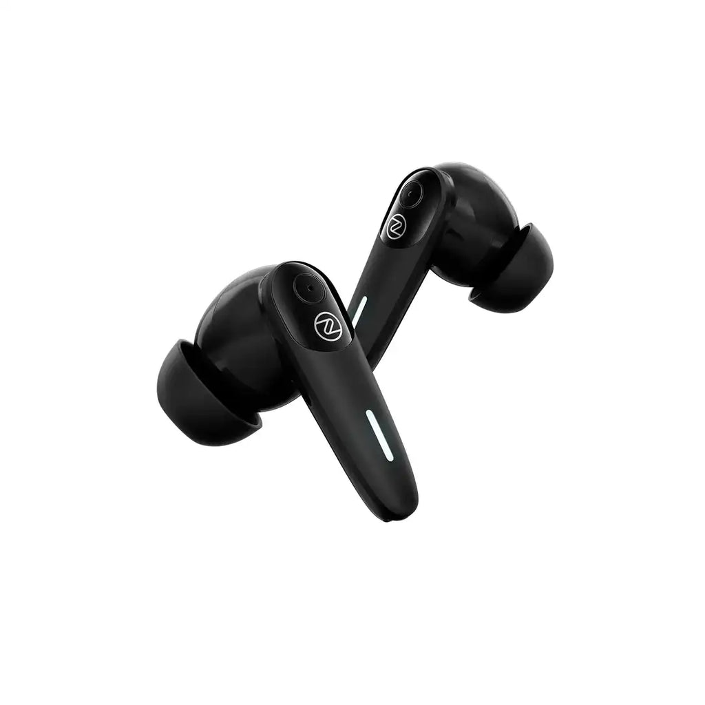 Black in-ear wireless earbuds with a sleek glossy finish and a circular logo on the stems, displayed on a white background.