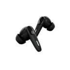 Black in-ear wireless earbuds with a sleek glossy finish and a circular logo on the stems, displayed on a white background.