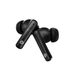 Pair of Black wireless earbuds on a white background